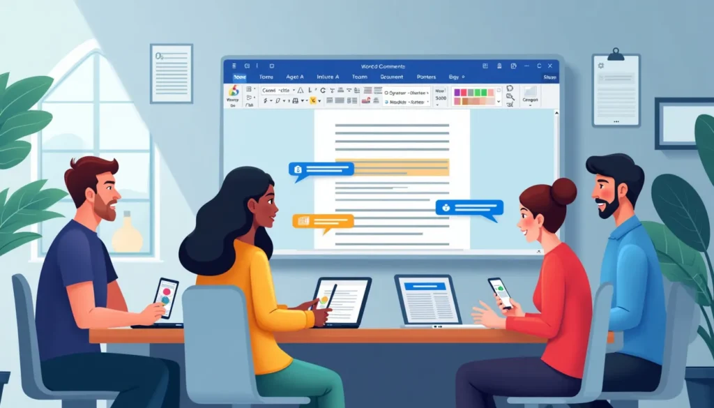 An illustrated guide displaying various team members collaborating on a Microsoft Word document in real-time. Show diverse individuals using different devi