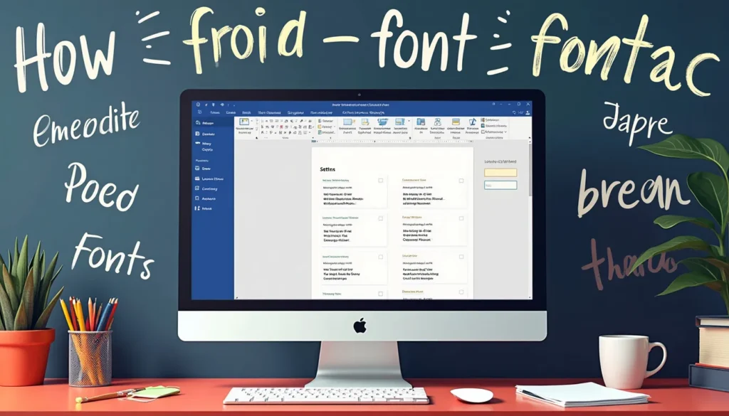 An artistic representation of a computer screen displaying Microsoft Word, with a focus on the font settings menu. The background should feature various fo