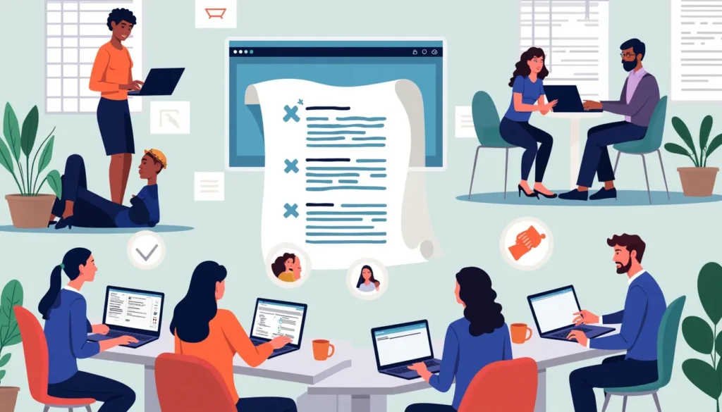 An illustrated guide depicting effective tips for sharing documents in Microsoft Word, featuring diverse people collaborating on a digital document, using