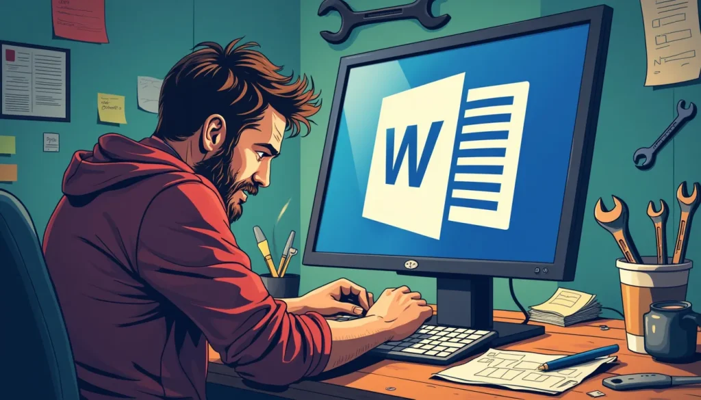 Create a visually engaging illustration of a frustrated person sitting in front of a computer with the Microsoft Word logo on the screen, surrounded by rep