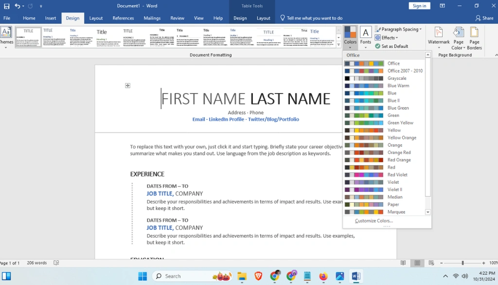 Create Custom Theme Colors in MS Word