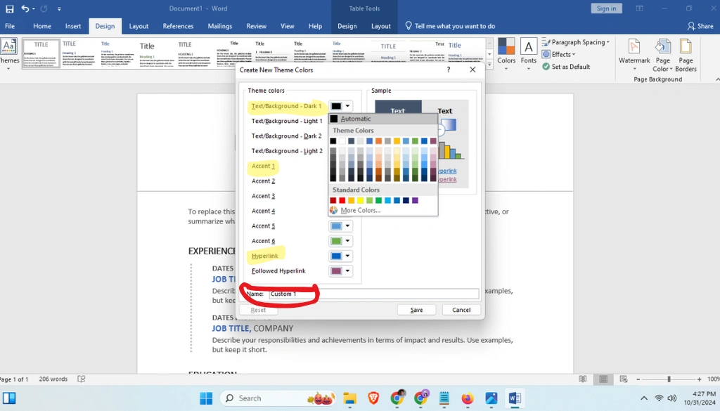 choosing color for you theme in ms word