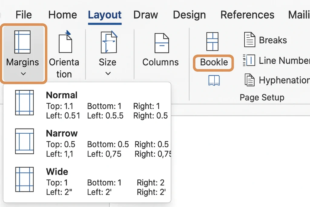 Microsoft Word for Mac Document dialog interface with booklet setup and margin configuration