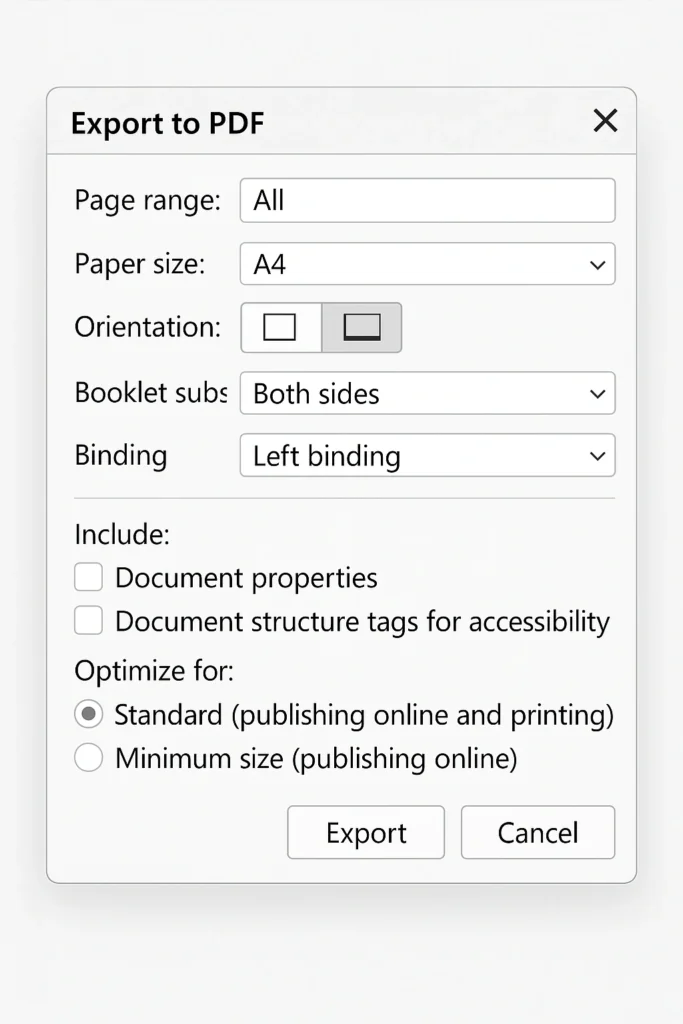 Microsoft Word PDF export dialog showing optimal settings for booklet printing and publishing