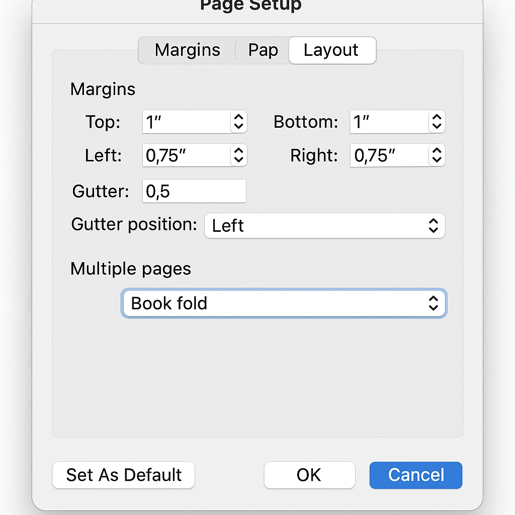 Microsoft Word Page Setup dialog box with Book Fold option and gutter margin settings