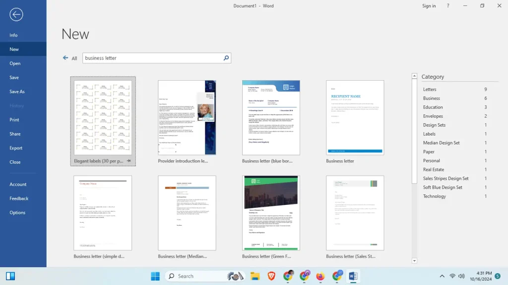 templates for business letters in Microsoft Word