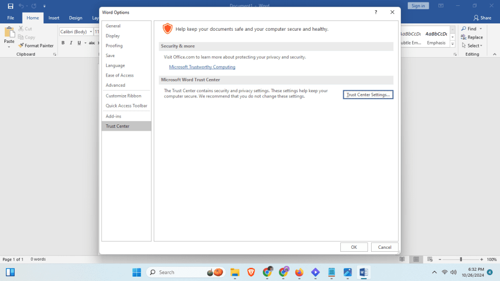 Disable Protected View in MS Word