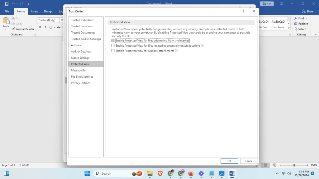 Disable Protected View in MS Word