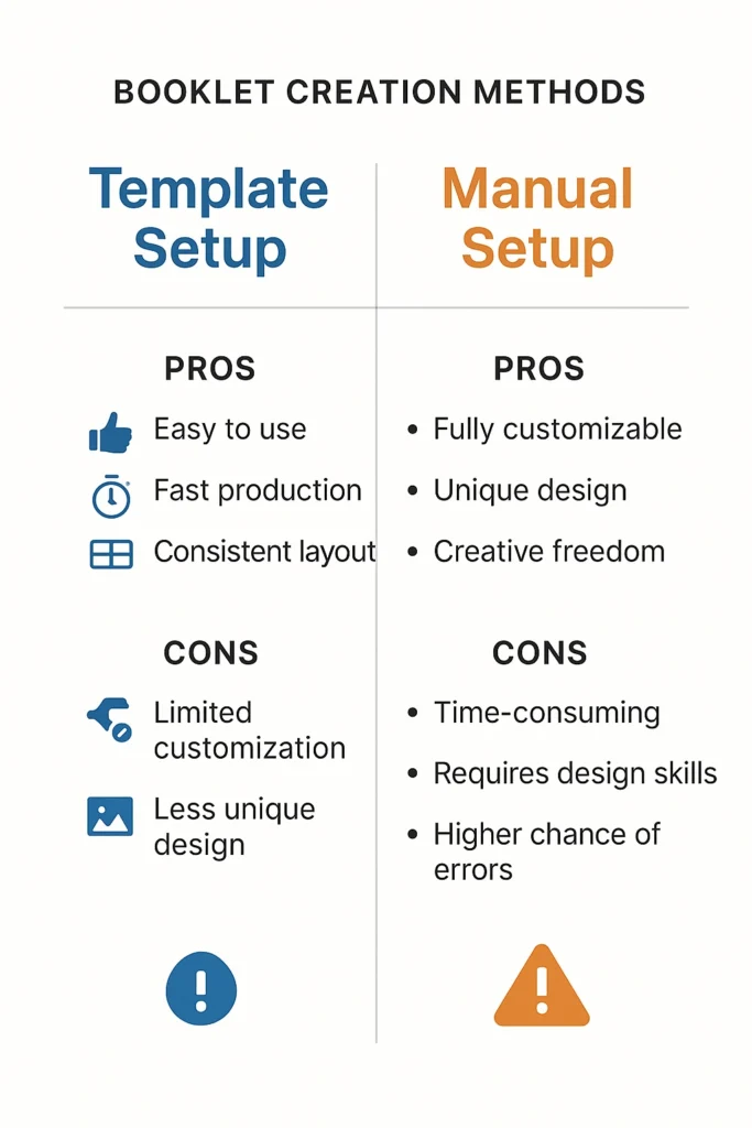 Infographic comparing template versus manual booklet creation methods in Microsoft Word