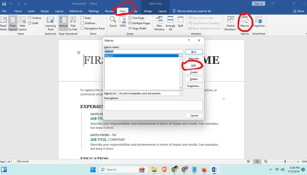 Edit Macro Code in MS Word