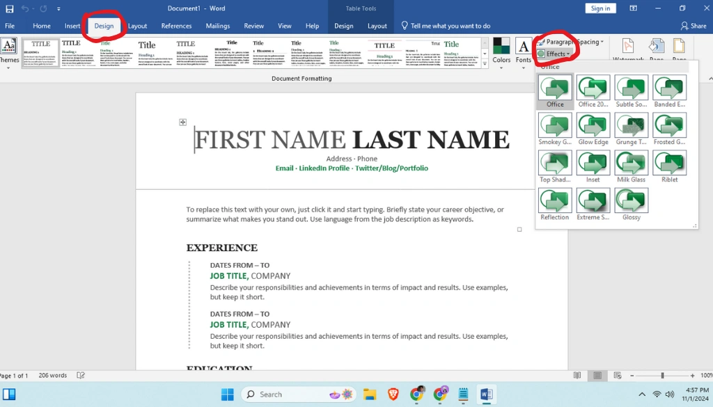 how to Change Theme Effects in MS Word
