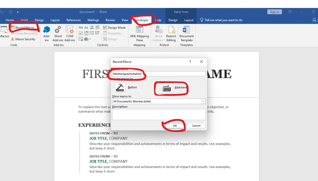 Recording Your Macro for Mail Merge