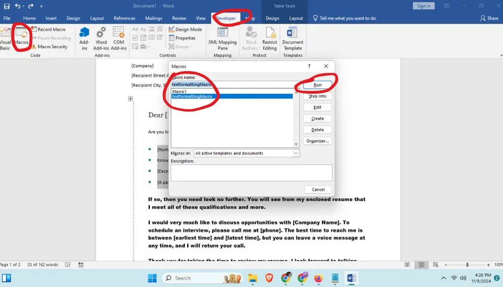 How to run macro on microsoft word
