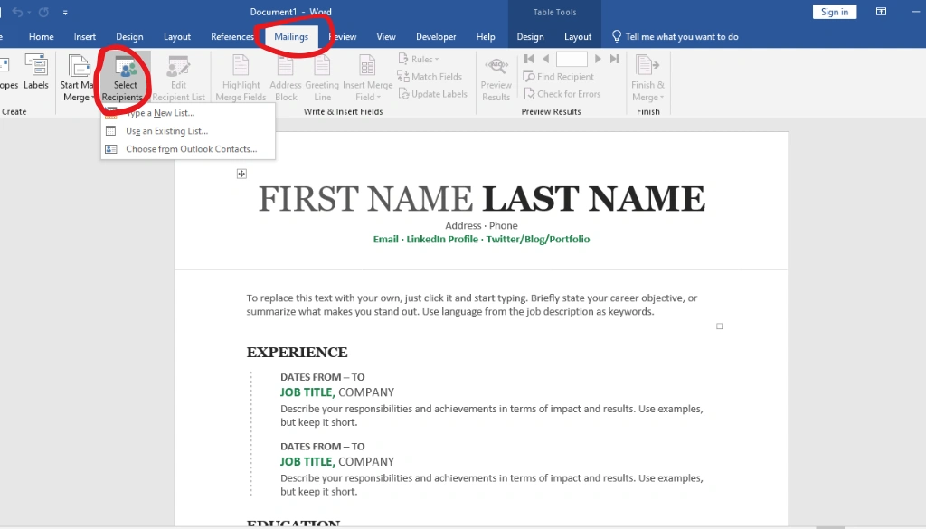 Setting Up the Mail Merge