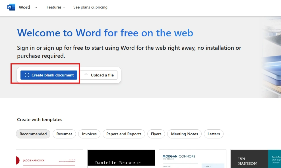 how to create blank document in browser version of microsoft word