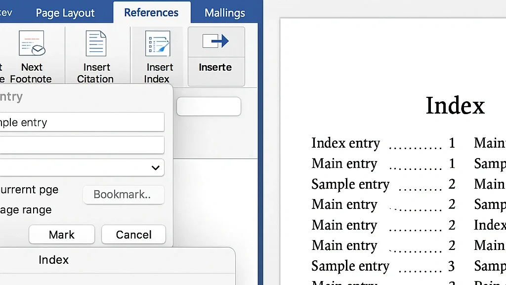 A professionally formatted index in a Microsoft Word document, illustrating the steps to create one