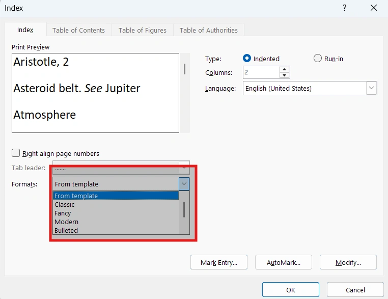A screenshot of the 'Index' dialog box in Microsoft Word, showing options for 'Columns,' 'Type,' 'Language,' and 'Formats' (e.g., Classic, Modern), with 'OK' and 'Cancel' buttons.