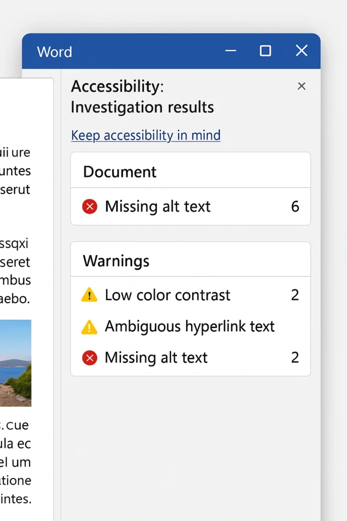 Word Accessibility Checker panel displaying accessibility issues and recommendations