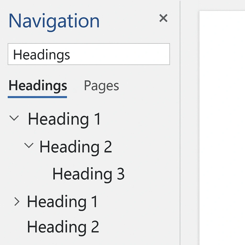 Word Navigation Pane showing document heading hierarchy and structure