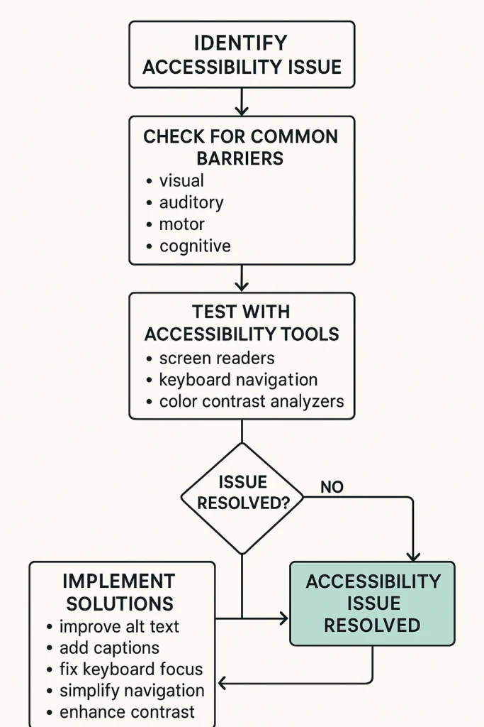 Accessibility troubleshooting guide showing common solutions and fixes