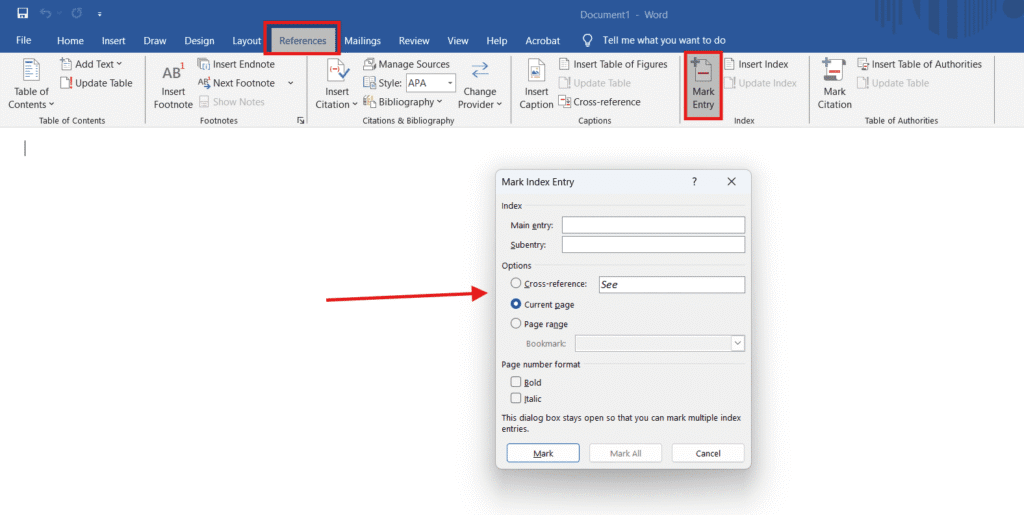 Selecting options in the 'Index' dialog box to generate the final index in a Word document