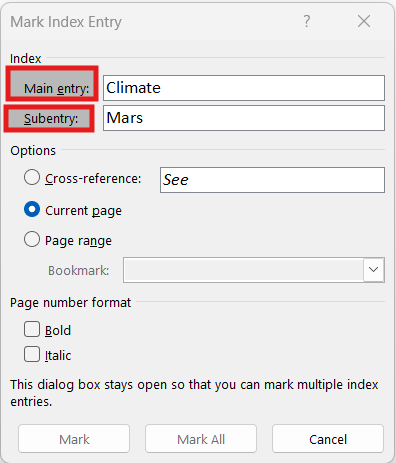 The 'Mark Index Entry' dialog box in Microsoft Word used to add terms to an index