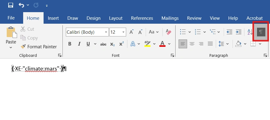 A screenshot of Microsoft Word showing visible '{ XE "Entry" }' field codes in the document text, with the '¶ (Show/Hide Paragraph Marks)' button on the Home tab highlighted as the solution