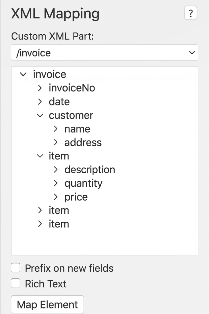 XML Mapping pane in Microsoft Word displaying XML data structure and mapping controls