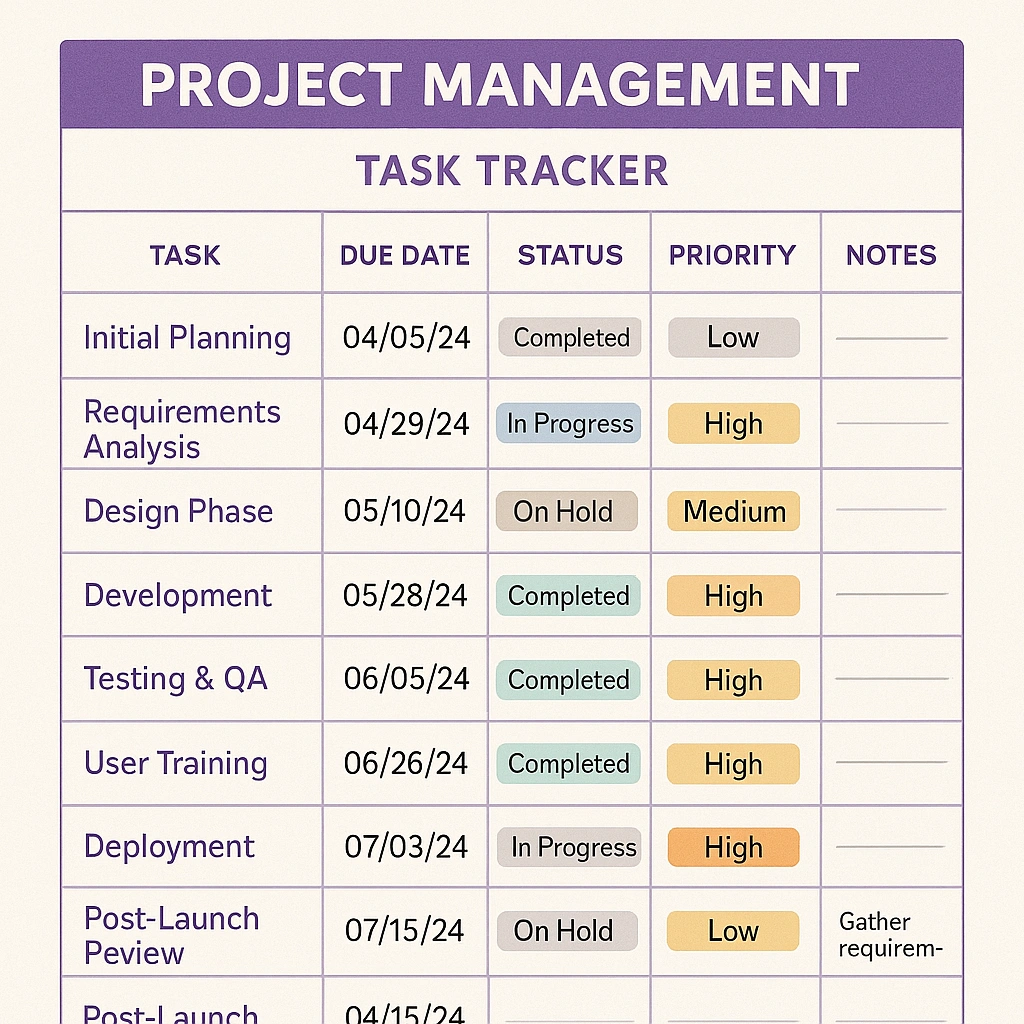 Project management template layout in OneNote interface