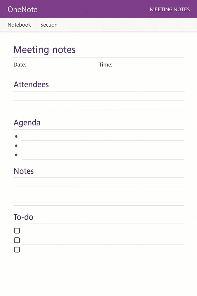 Meeting notes template design in OneNote interface