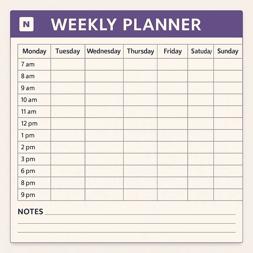 Weekly Planner template with sections for goals, tasks, and appointments
