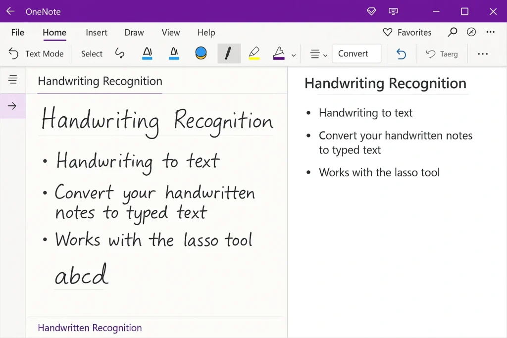 OneNote interface showing handwriting recognition features