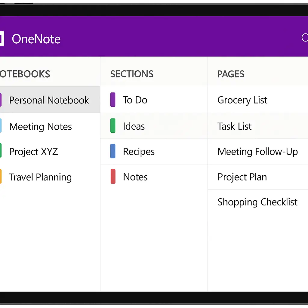 OneNote mobile app organization structure with notebooks and sections