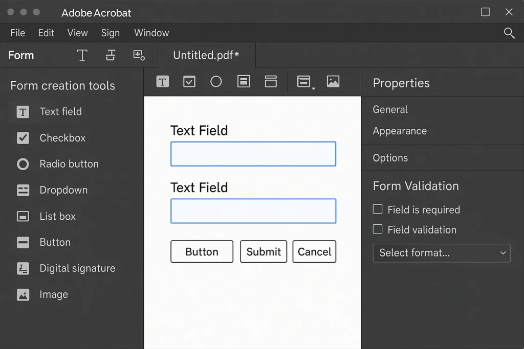 Adobe Acrobat interface displaying PDF form creation tools and options