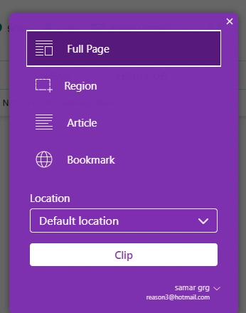 OneNote Web Clipper dialog with Full Page mode selected