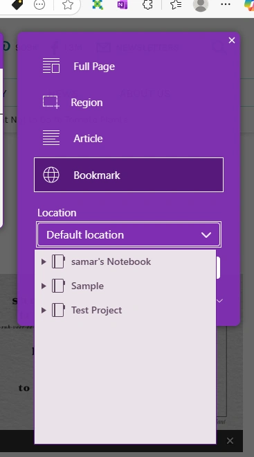 OneNote Web Clipper dialog with notebook and section location dropdown open