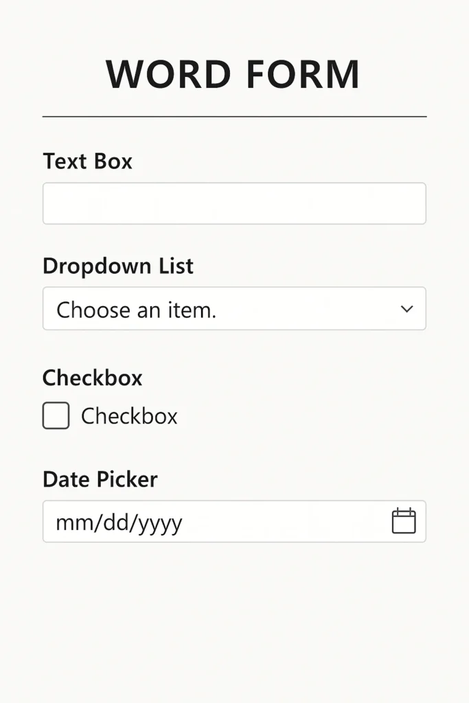 Interactive Word form displaying various content control types, including text fields, dropdowns, and checkboxes