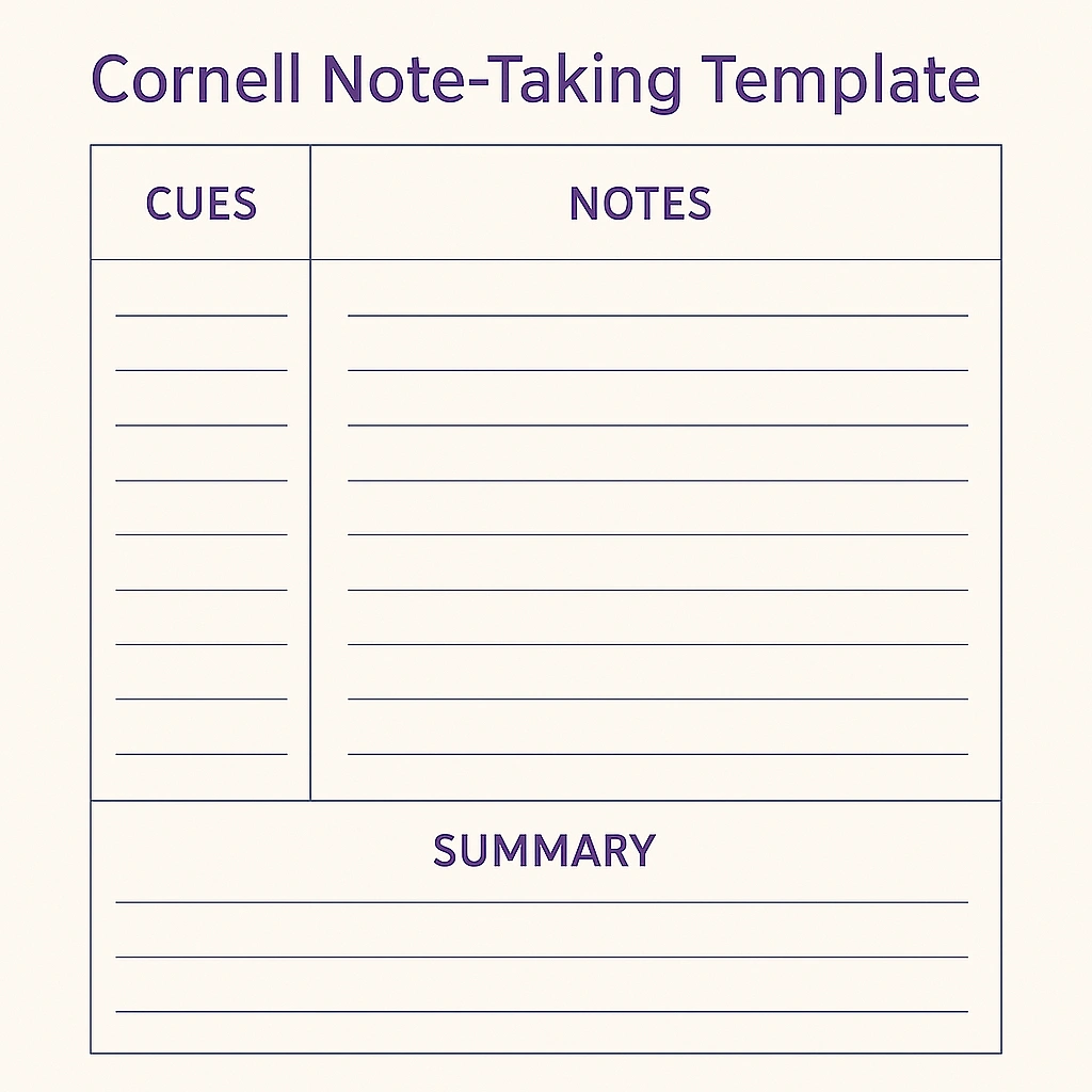 Cornell Note-Taking template with notes, cues, and summary sections
