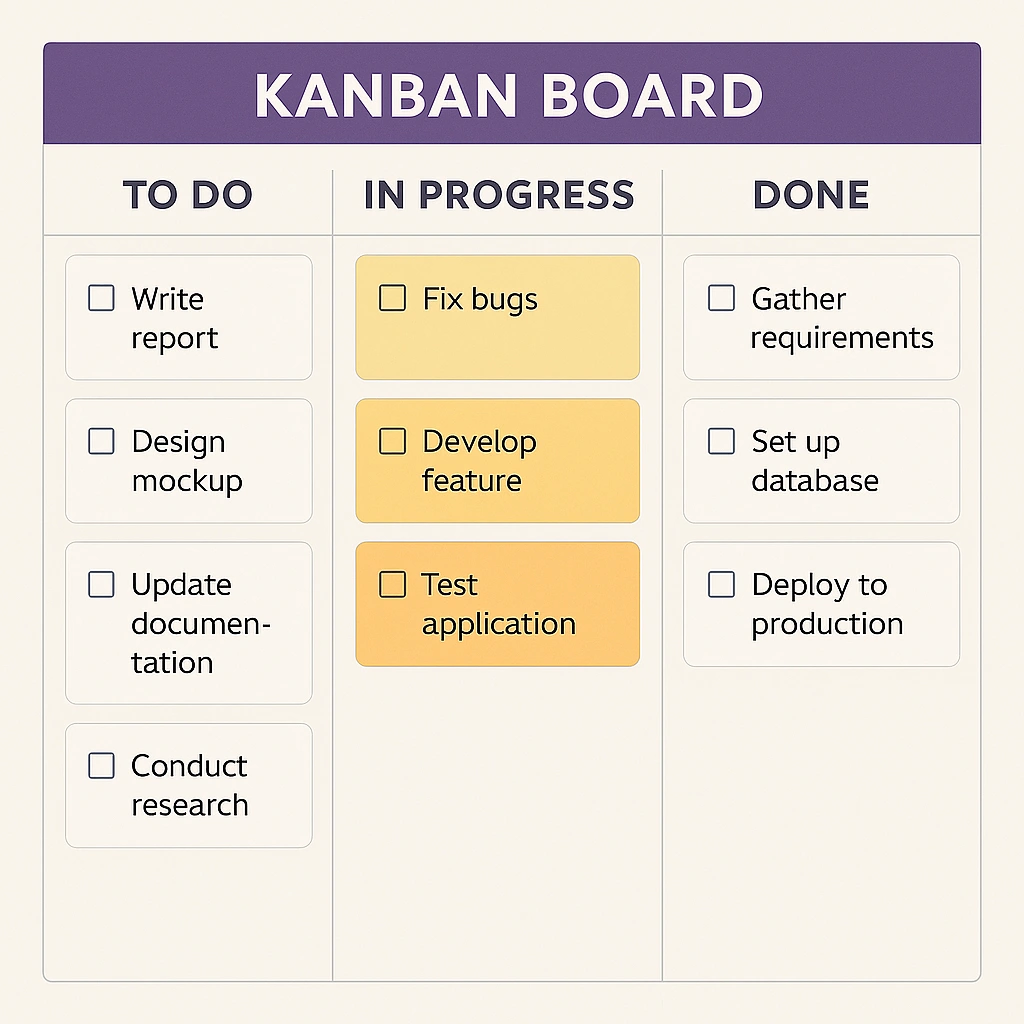Kanban Board template with columns for different stages of work