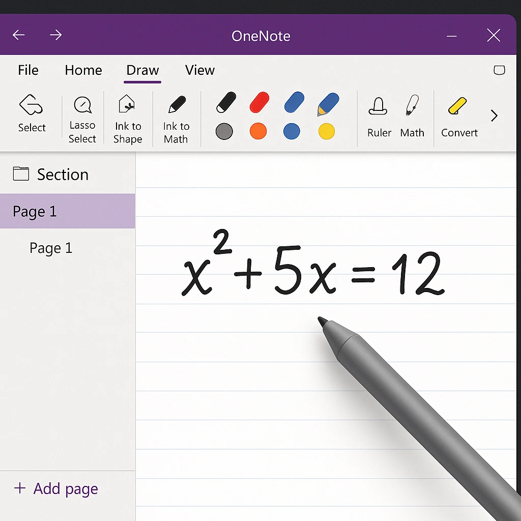 OneNote interface displaying handwritten mathematical equation being converted to typed text with ink-to-math feature active