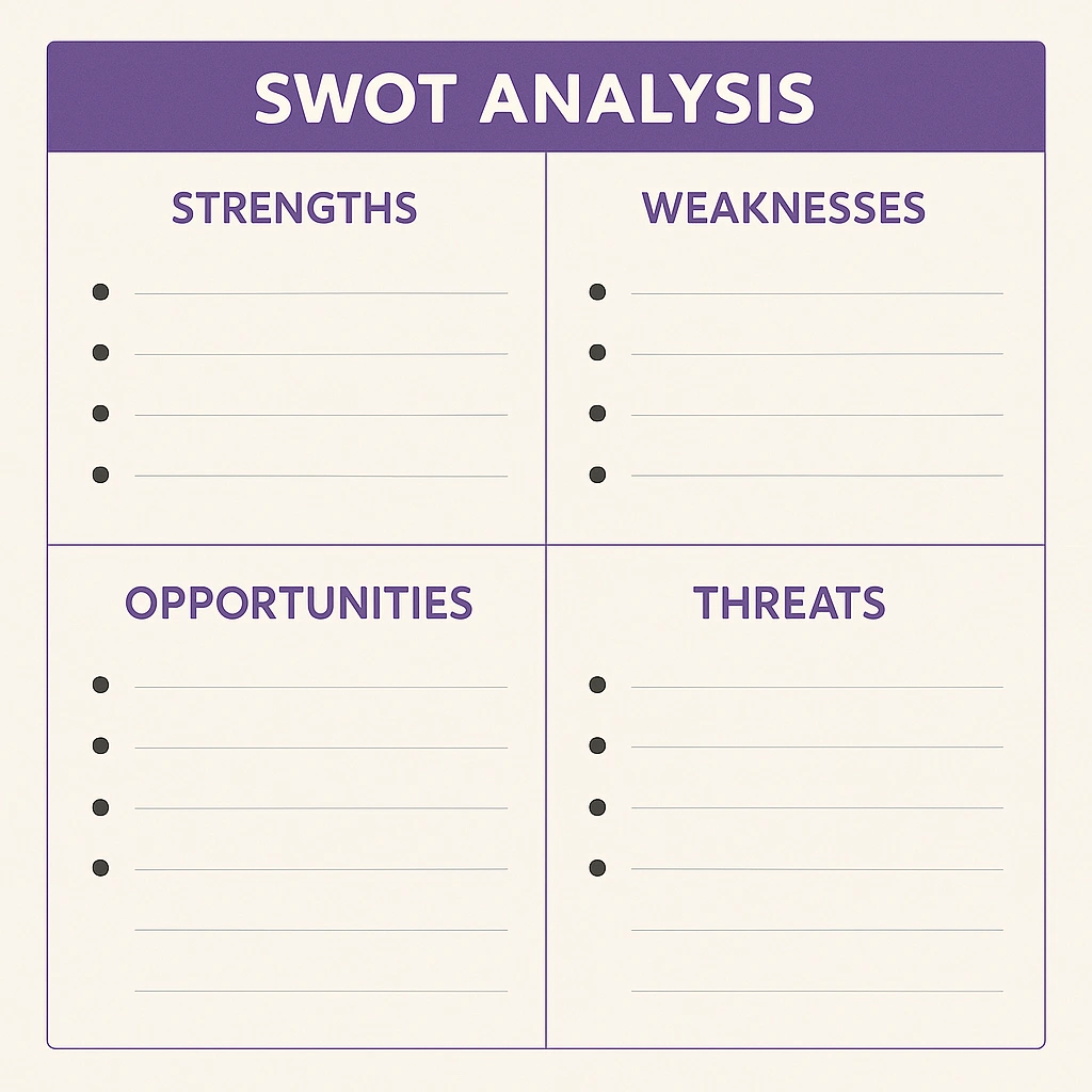 SWOT Analysis template with sections for strengths, weaknesses, opportunities, and threats