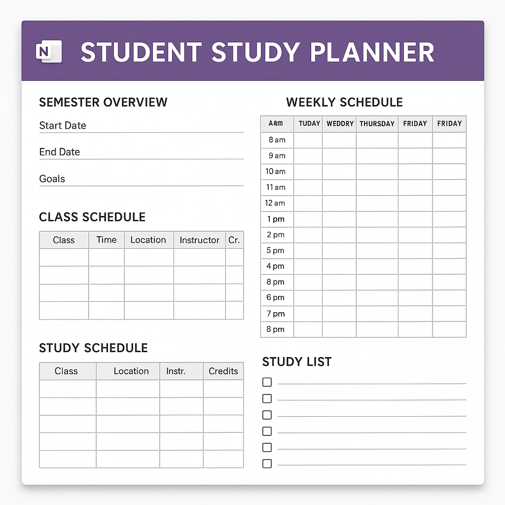 Student planner template in OneNote showing academic layout