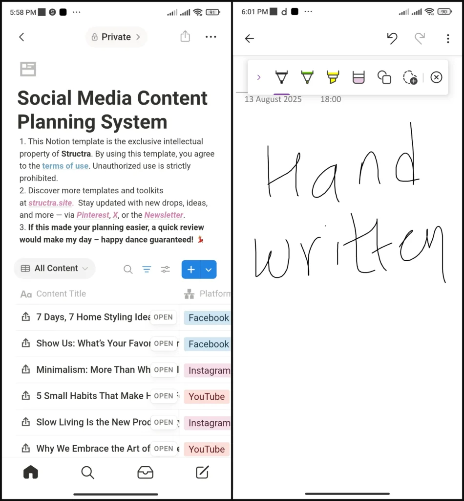 Android smartphone displaying OneNote app with stylus input alongside Notion app showing database interface optimization