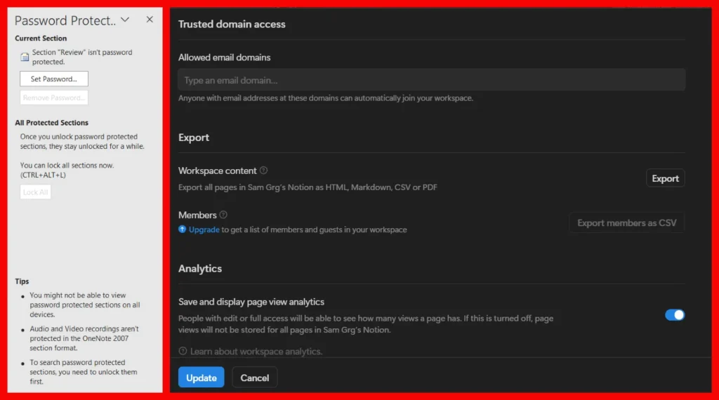 OneNote section password protection dialog alongside Notion workspace settings page displaying team permissions and security options