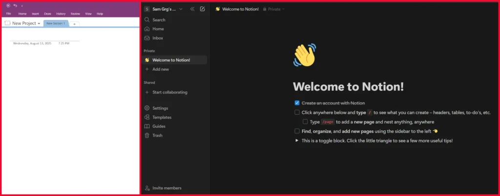 Split screen showing OneNote desktop interface with notebook hierarchy on left and Notion workspace with database blocks on right
