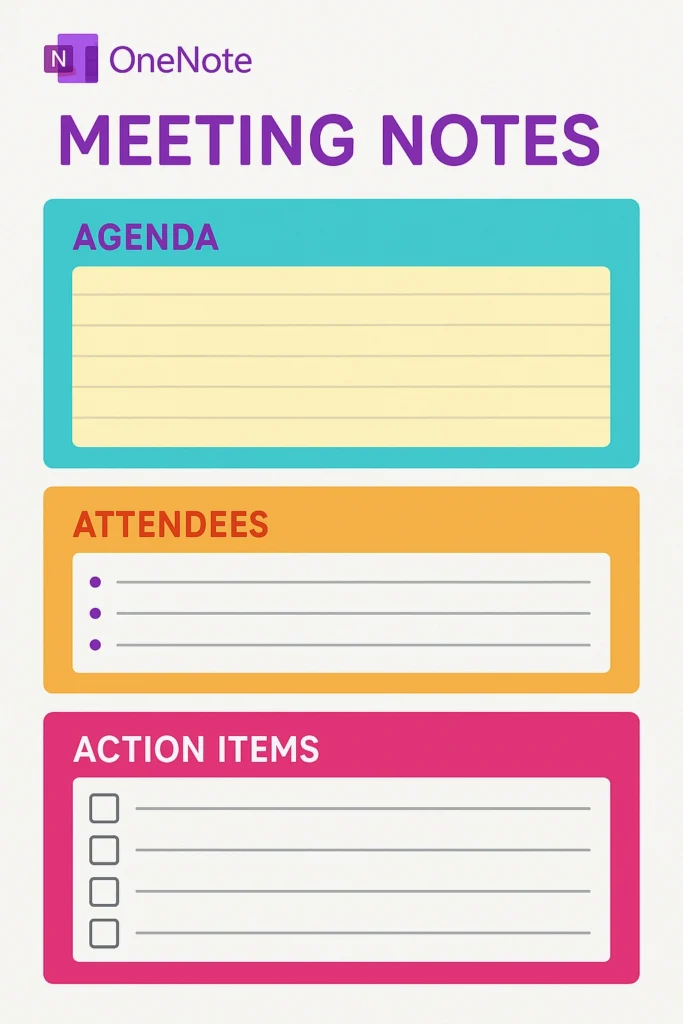 OneNote meeting notes template showing organized structure for effective note-taking