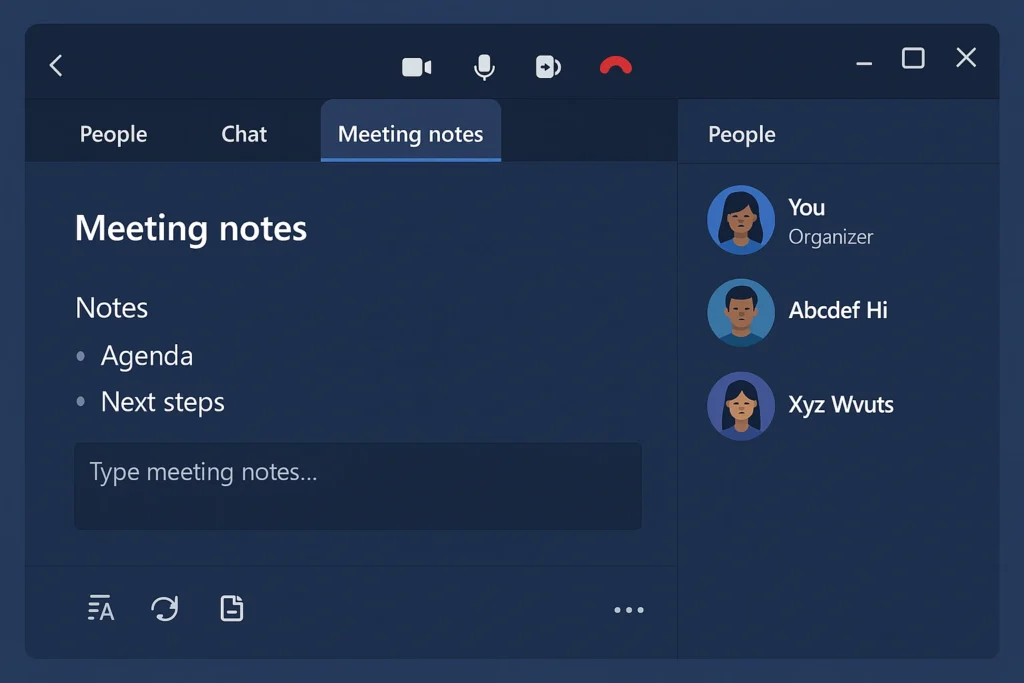 Microsoft Teams meeting interface demonstrating integrated note-taking capabilities
