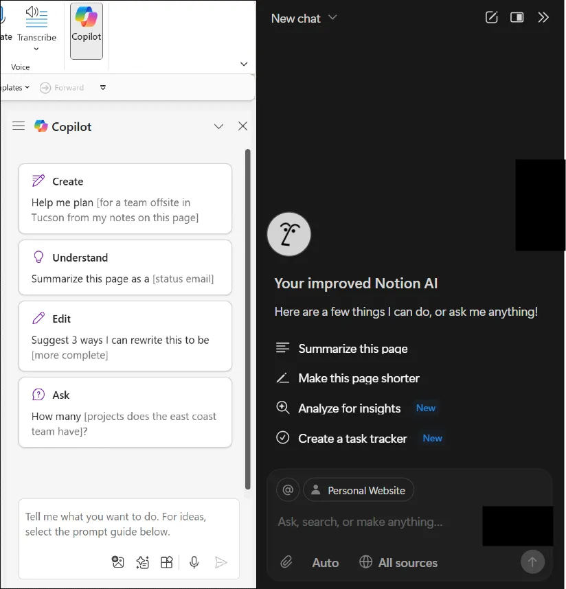 Split view showing Notion AI chat interface generating blog content and OneNote Copilot panel analyzing handwritten meeting notes