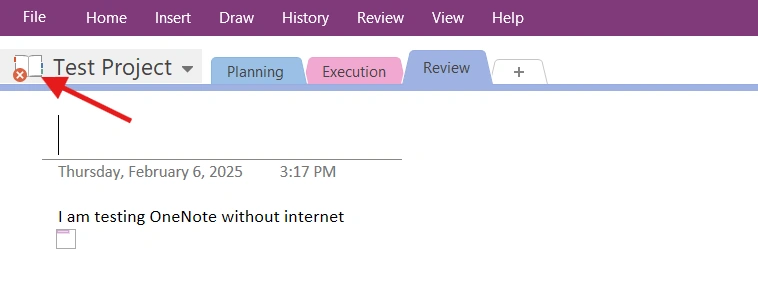 OneNote desktop application showing offline mode indicator and accessible notebooks without internet connection