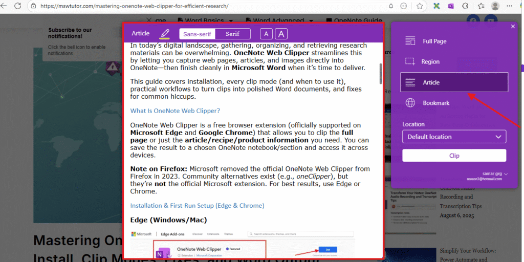 OneNote Web Clipper dialog with Article mode selected on a news article